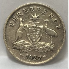 AUSTRALIA 1927 . THREEPENCE . VARIETY . DOT UNDER R IN GEORGIVS